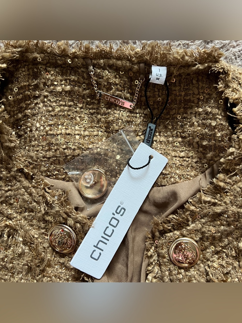 NWT Chico's Gold Tweed Blazer Jacket Fringe Trim Elegant Old Money Luxury Sz M - Picture 3 of 8